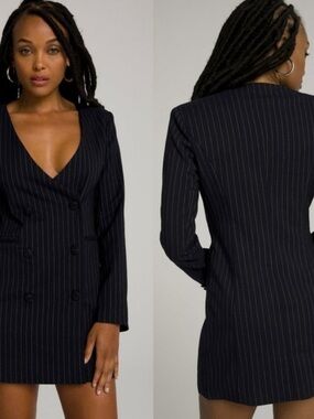 Good American Navy Pinstriped Blazer Dress Double Breasted  Sz “1” Small
